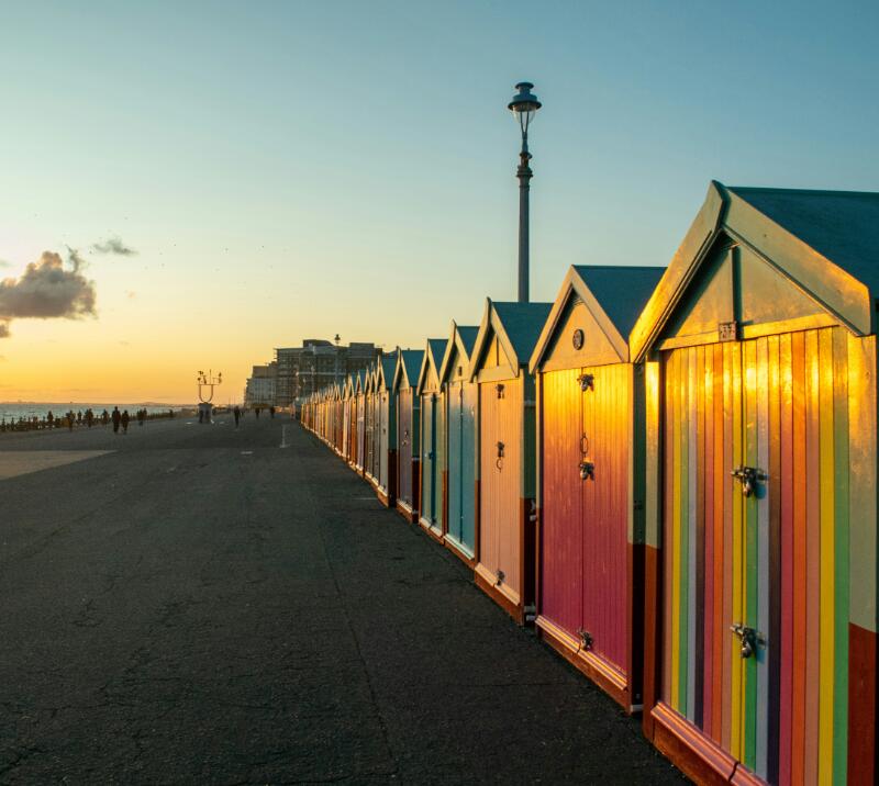 Sunset view of Brighton beach huts