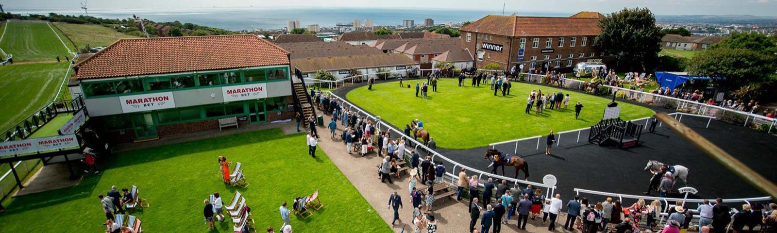 An aerial view of the parade ring and surrounding area at Brighton Racecourse.